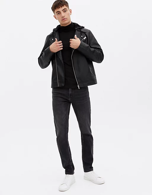 biker men black leather jacket Long Men