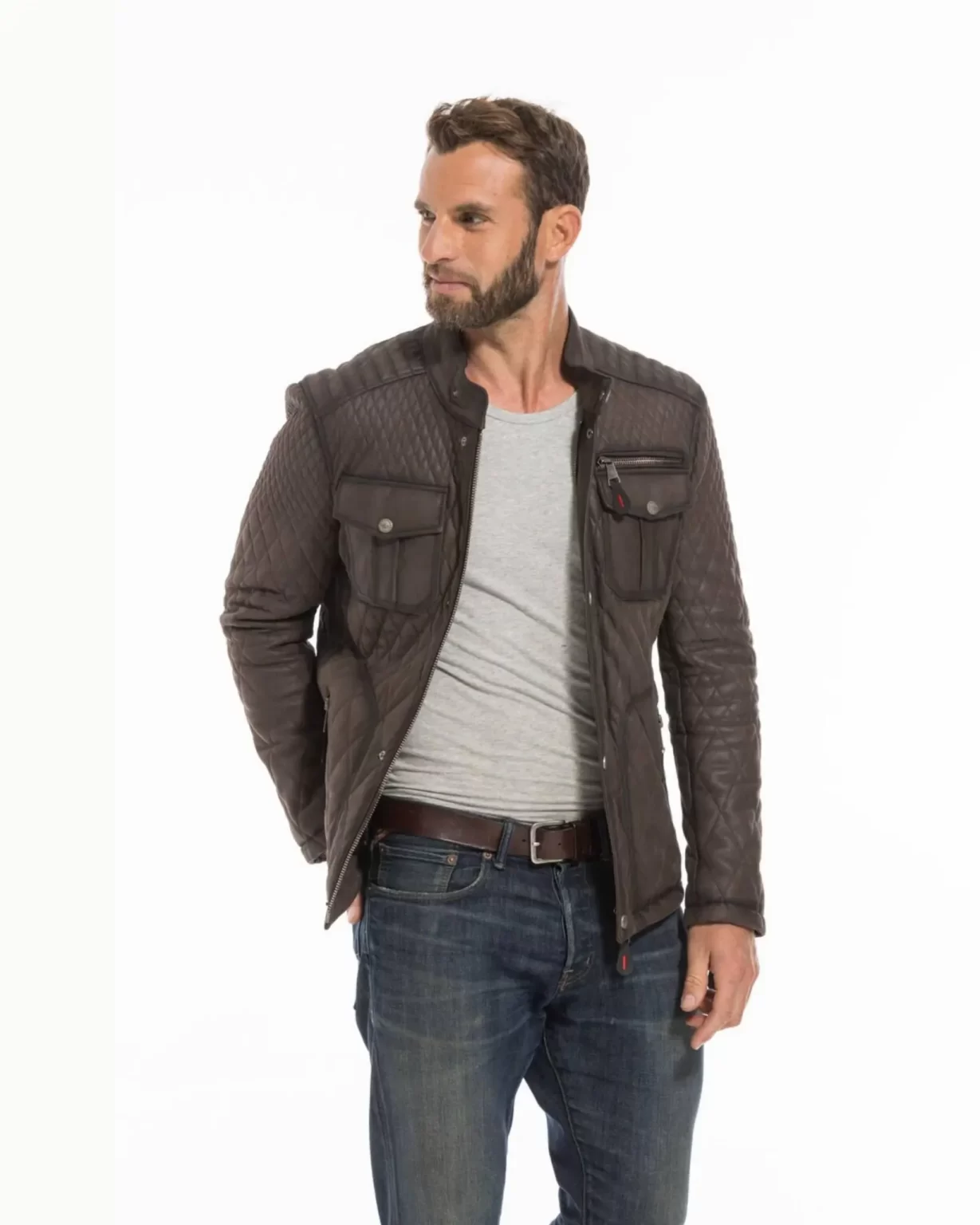 Leo Mens Trucker Quilted Leather Jacket