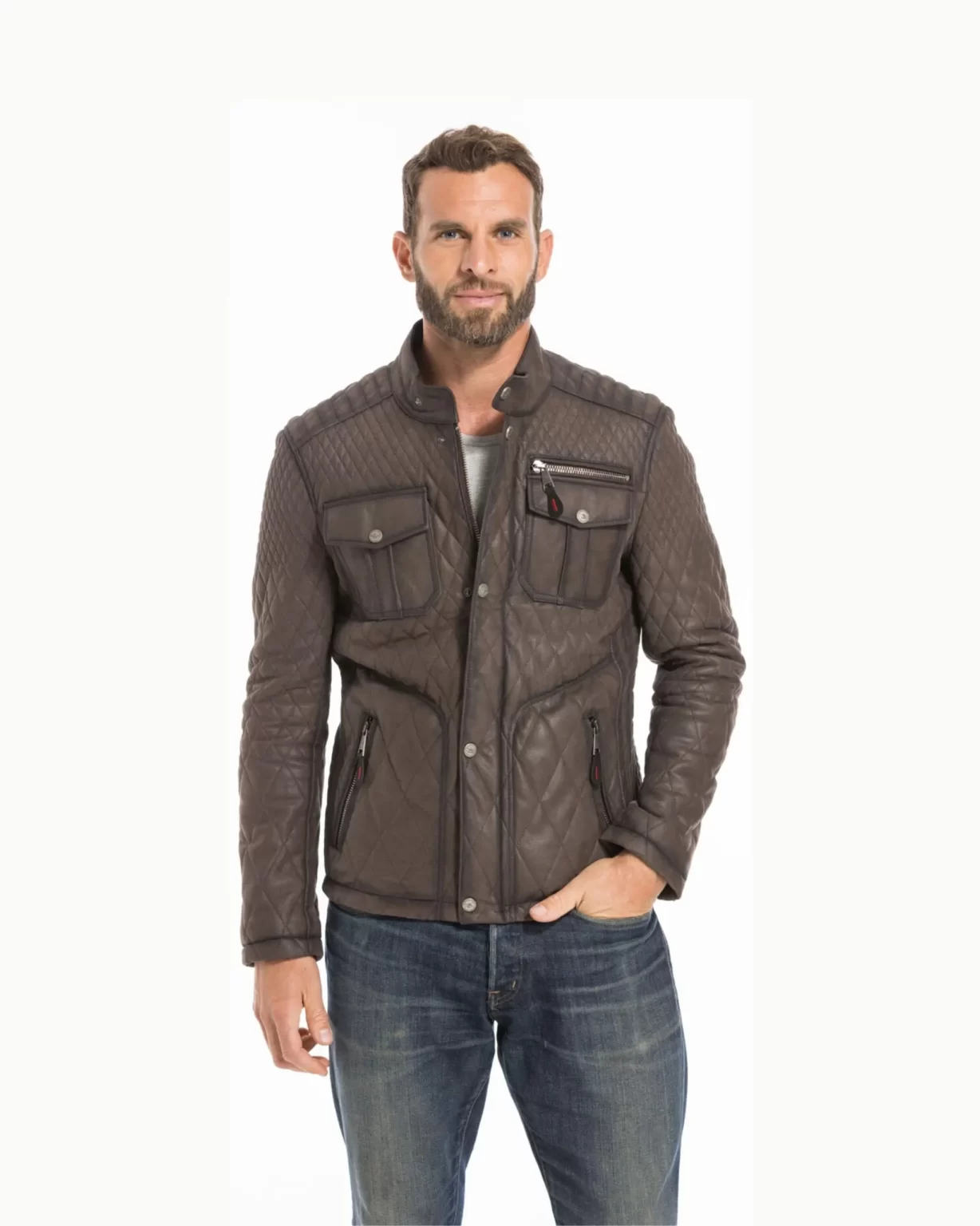 Leo Mens Trucker Quilted Leather Jacket