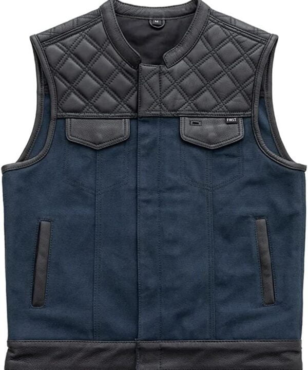 First Manufacturing Hunt Club Black Blue Leather Canvas Vest (2)