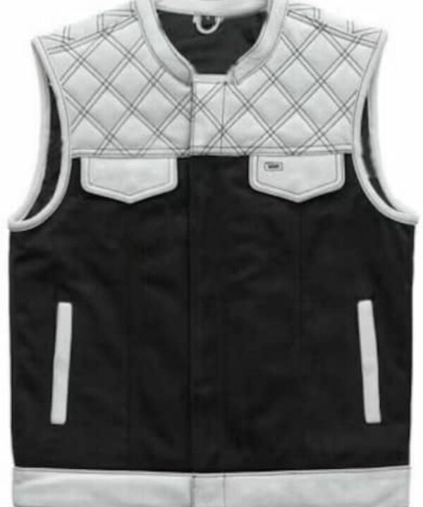 HUNT CLUB STYLE MEN'S PAISLEY DIAMOND STITCHED MOTORCYCLE CONCEALED CARRY WHITE LEATHER AND DENIM VEST (3)